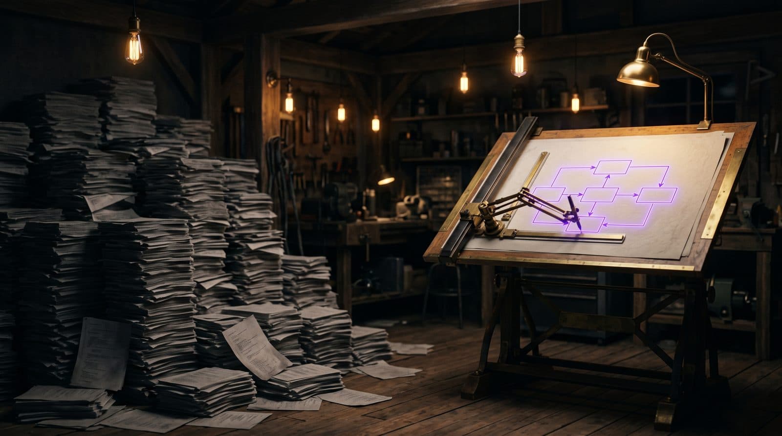 A dim workshop. On the left, a towering stack of printed code pages spills onto the floor. On the right, a brass drafting arm draws a small block diagram in glowing electric violet on a clean sheet of paper.