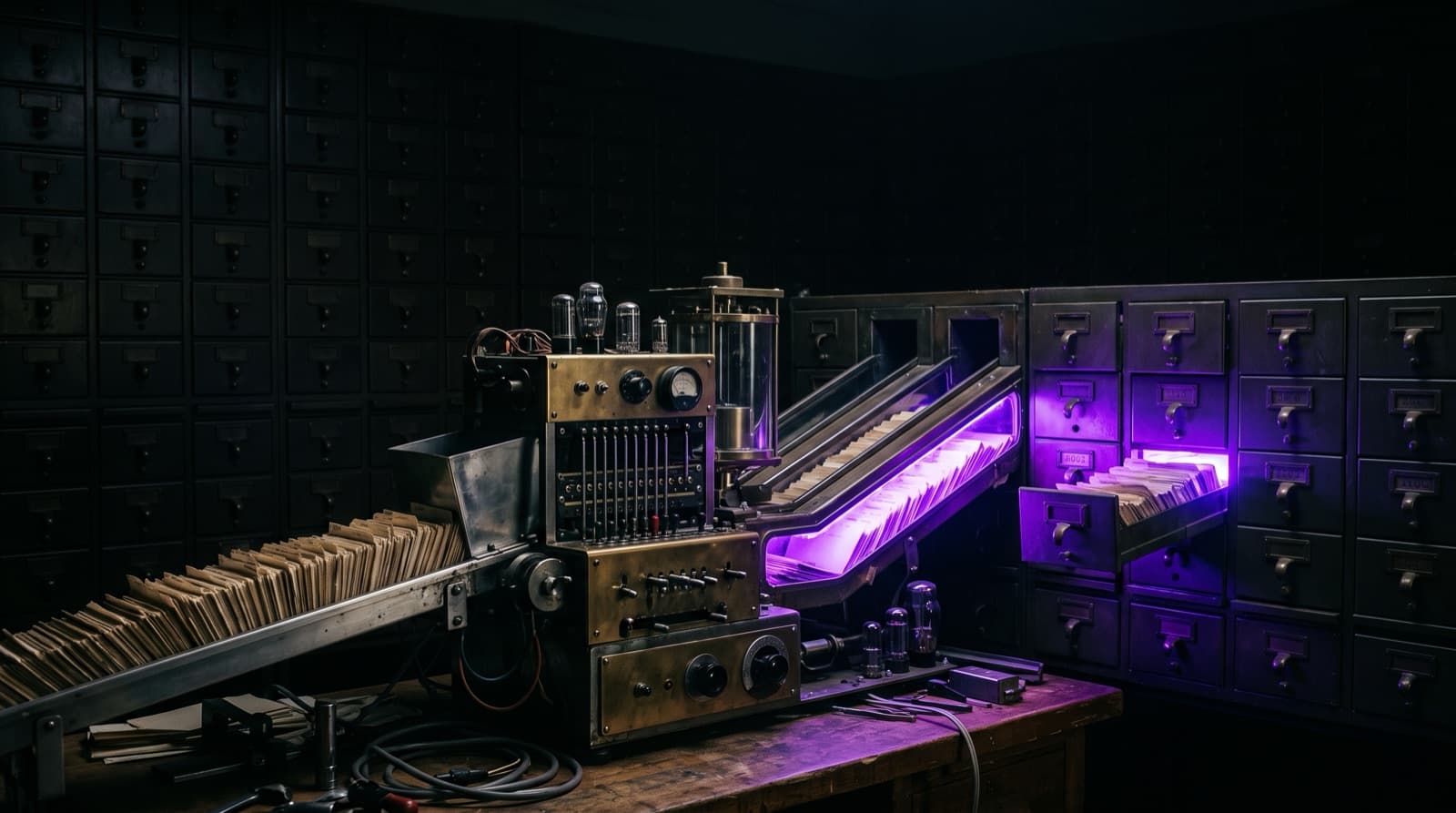 A brass-and-steel sorting machine takes a stream of index cards from the left and routes them through glowing channels into one card-catalog drawer that shines electric violet, in a dark room lined with hundreds of steel drawers.