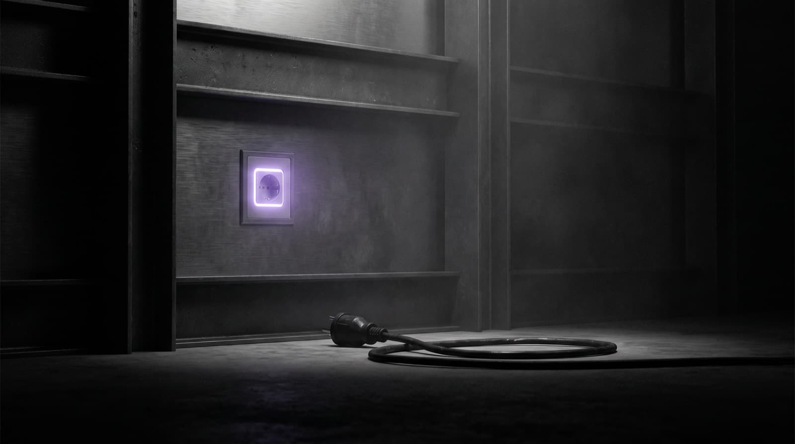 A dark brushed-metal wall with one empty socket glowing electric violet. The unplugged cable lies coiled on the floor in shadow.