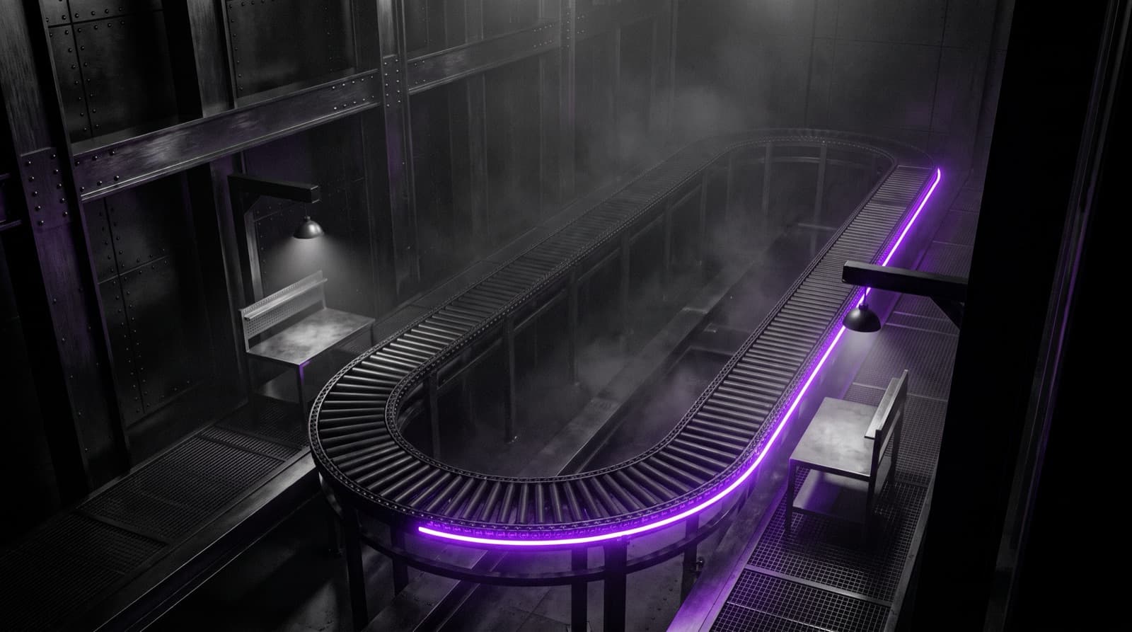 A dark industrial hall of black metal seen from above, with a roller conveyor running in a closed oval loop. Two empty workbenches sit under hanging lamps at either side of the line, and the returning stretch of the conveyor glows electric violet.