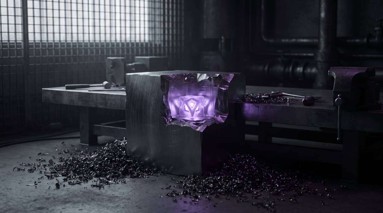 A block of dark metal on a workbench, mostly carved away, with heaps of shavings on the floor. What remains at its centre is a small form that glows electric violet.