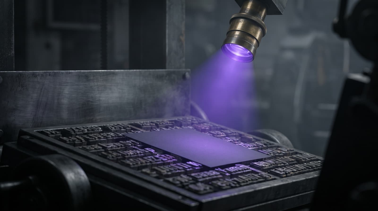 A dark letterpress bed full of unlit metal type. A brass lens above it throws a single beam of electric violet onto one blank sheet.
