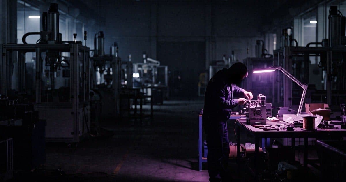 A vast unlit factory floor of dark brushed metal, machines still, with a single workstation glowing electric violet where a human is finishing an assembly by hand.