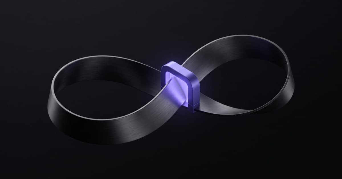 An endless loop of dark brushed metal running through a single glowing violet gate, the only source of light in the scene.