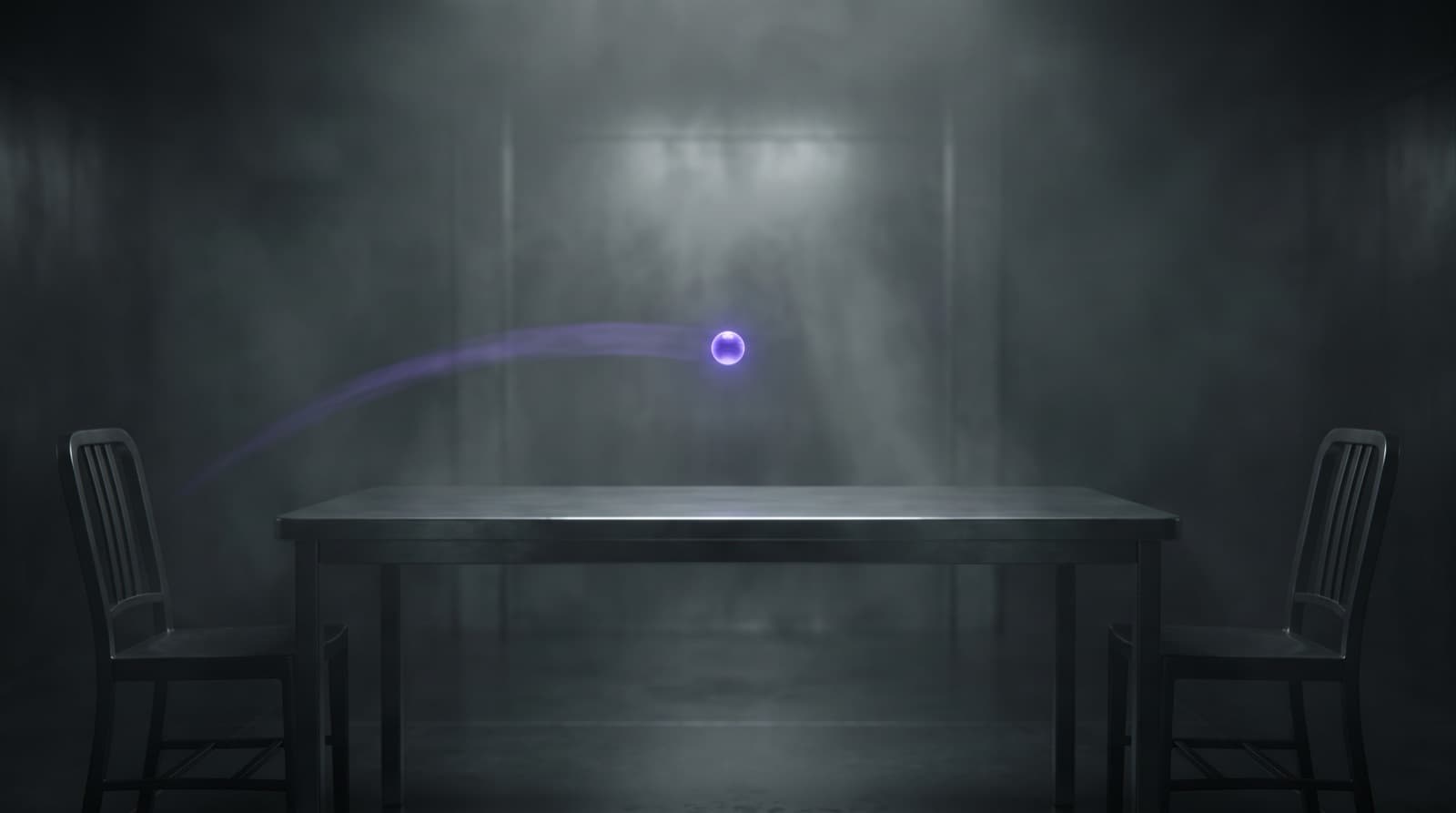 A hazy chamber of dark brushed metal. Two empty steel chairs face each other across a bare table, and a single electric-violet sphere arcs through the air between them, mid-pass, trailing light.