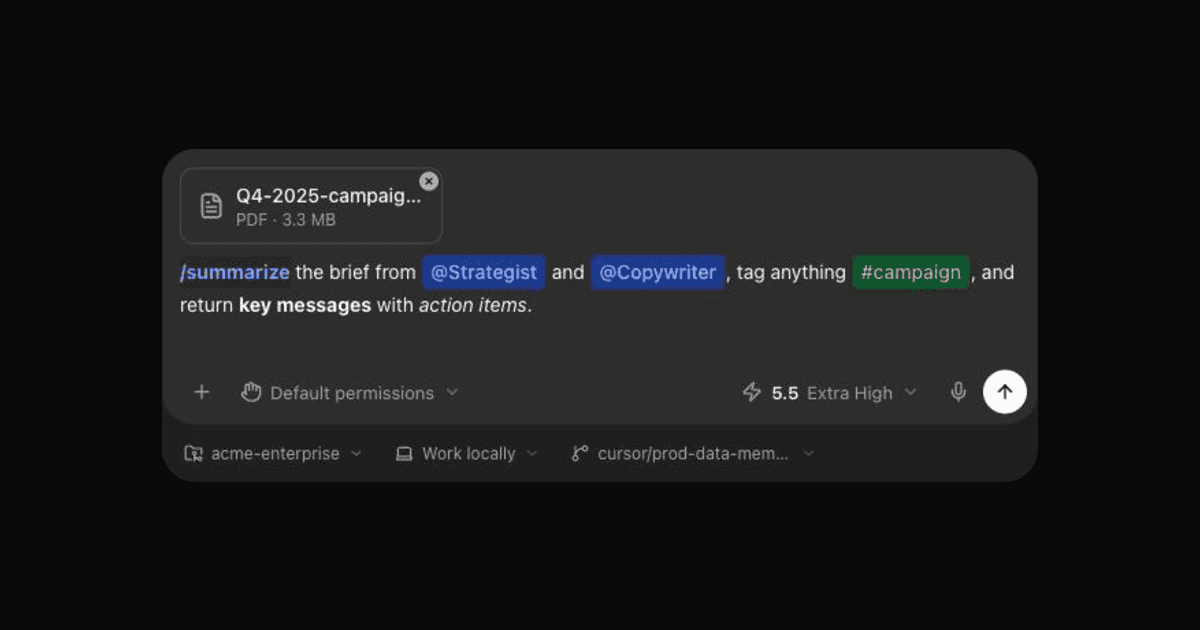The Prompt Area homepage hero: a Codex-style composer pre-filled with a /summarize command, @Strategist and @Copywriter mentions, a #campaign tag, inline markdown, and a PDF attachment, over a repository context tray.