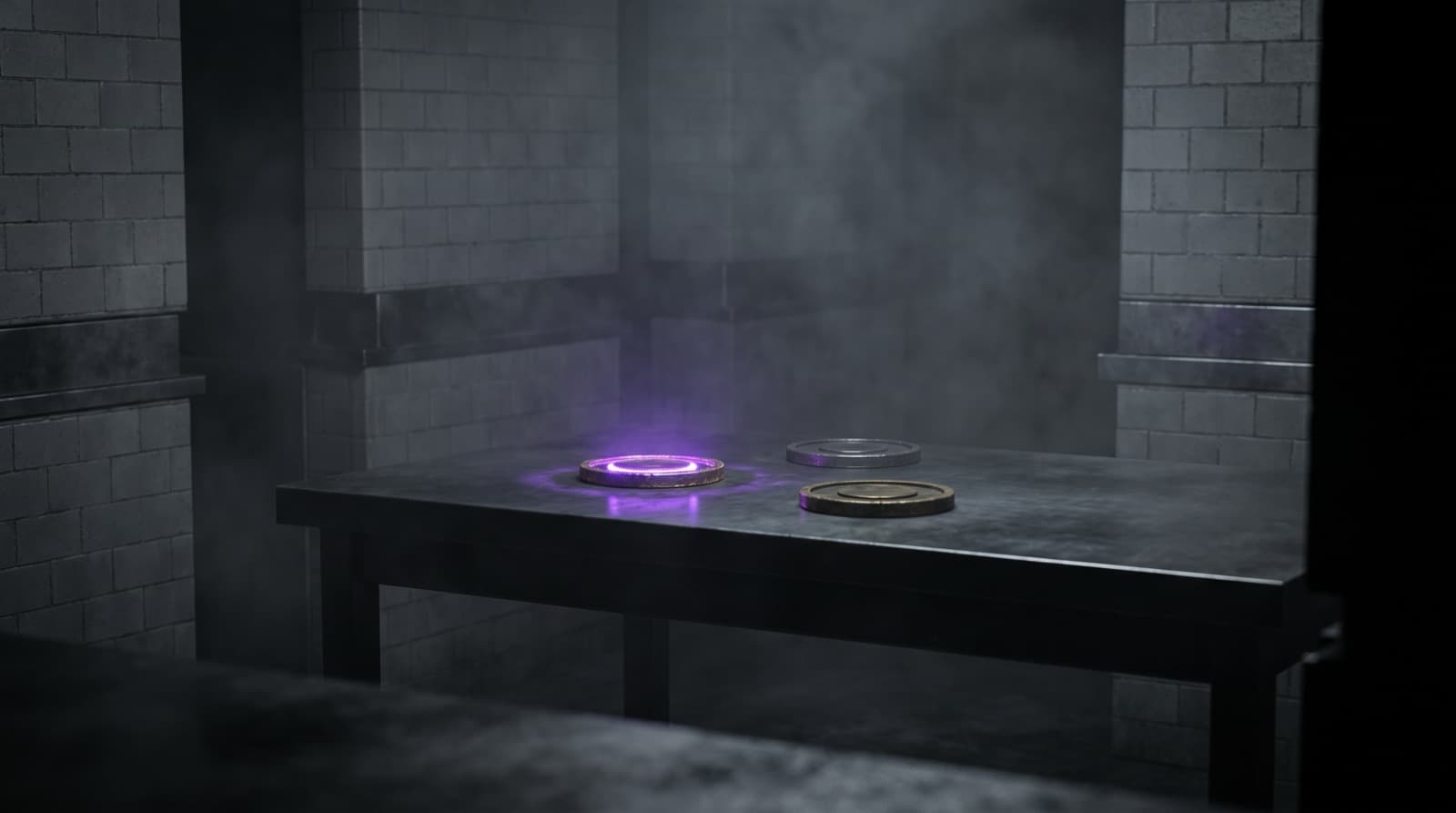A dark steel table between plain brick walls. Three brass tokens lie on it, and one glows electric violet.
