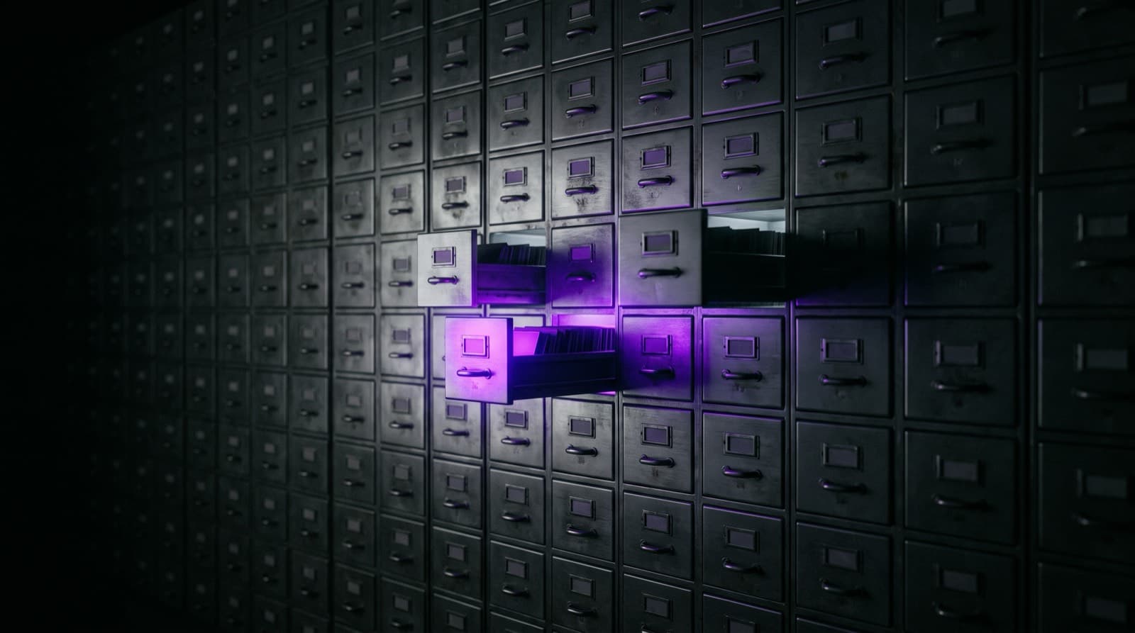 A wall of hundreds of identical dark steel card-catalog drawers receding into black. Three are pulled half open; one of them glows electric violet from inside and lights the drawers around it.