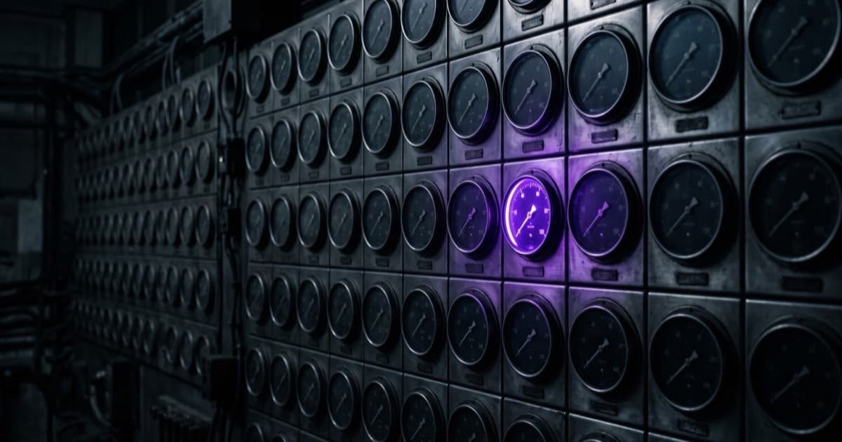 A wall of dark brushed-metal gauges, every dial unlit and unread, with a single gauge glowing electric violet as it registers an actual number.