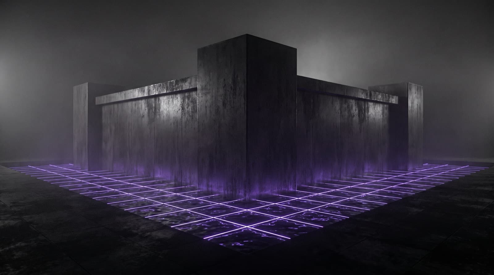 A dark brushed-metal fortress in fog, ringed by a grid of fine lines glowing electric violet.