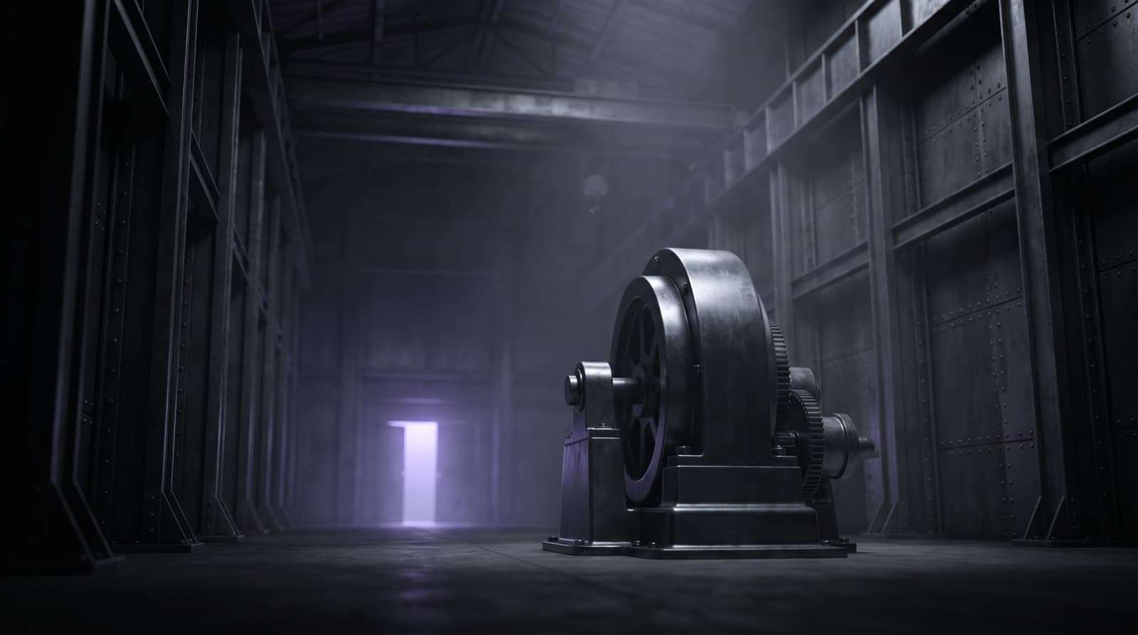 A polished dark metal machine stands alone in an empty warehouse. Far behind it, at the end of a long corridor, one doorway glows electric violet.