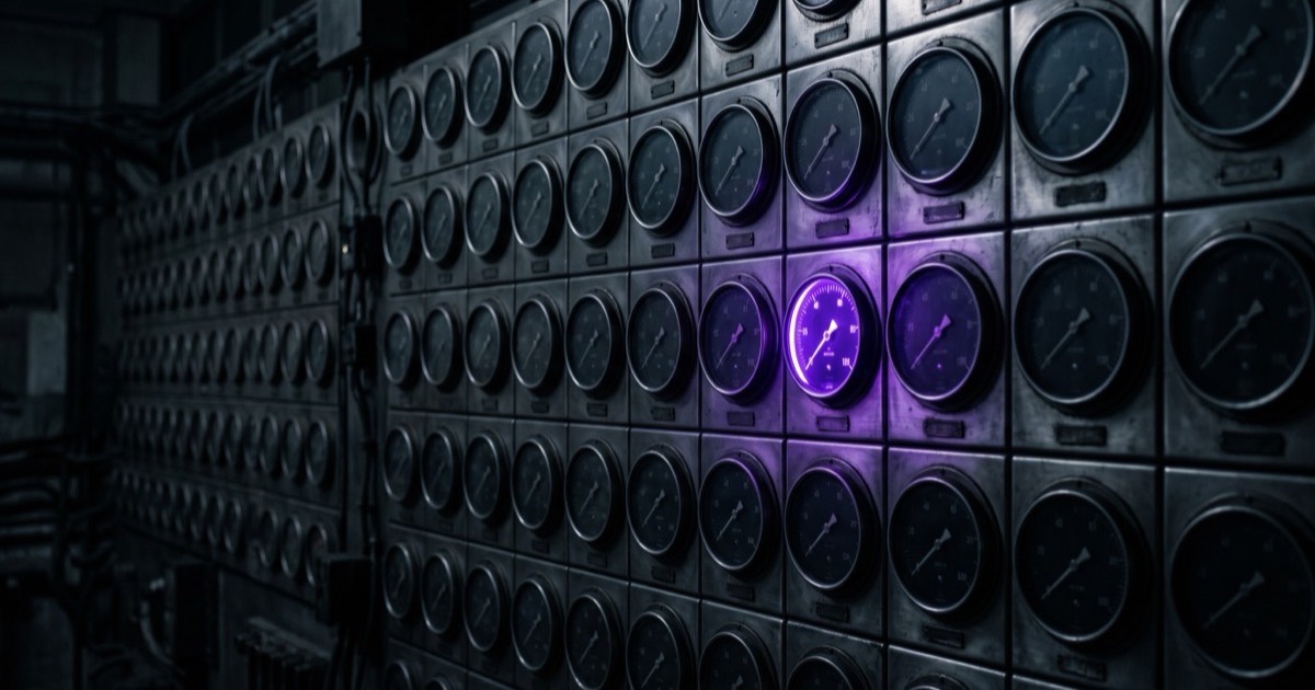 A wall of dark brushed-metal gauges, every dial unlit and unread, with a single gauge glowing electric violet as it registers an actual number.